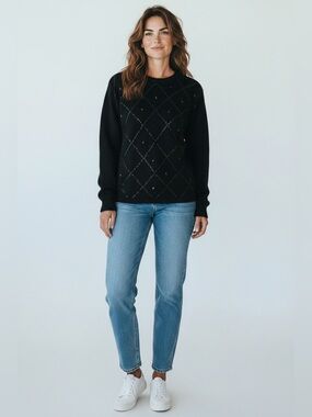 Vintage Le Chois Long Sleeve Silk Blend Bead Detail Sweater Black Size Medium